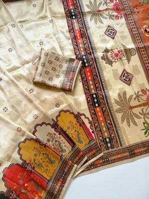 Cream Color Jaqurad Weaving With Print Work Dola Silk Saree 2
