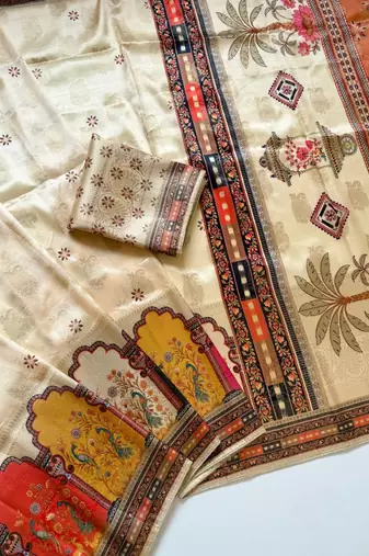 Cream Color Jaqurad Weaving With Print Work Dola Silk Saree
