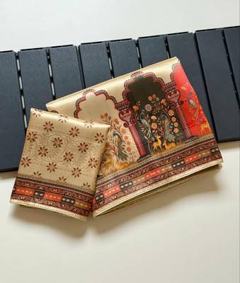 Cream Color Jaqurad Weaving With Print Work Dola Silk Saree 3