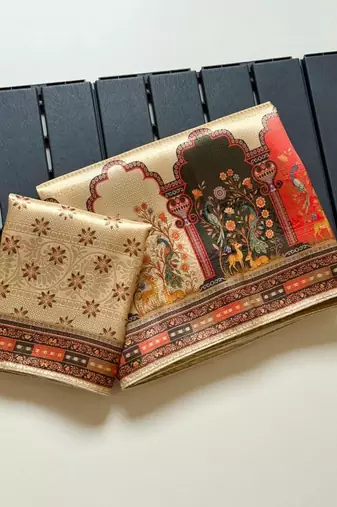 Cream Color Jaqurad Weaving With Print Work Dola Silk Saree