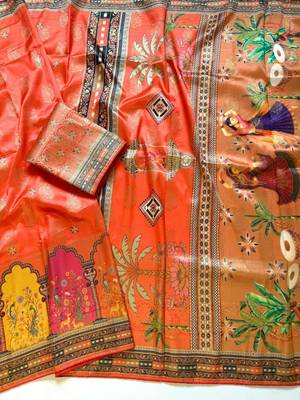 Orange Color Jaqurad Weaving With Print Work Dola Silk Saree 1