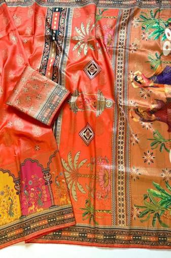 Orange Color Jaqurad Weaving With Print Work Dola Silk Saree