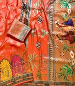 Orange Color Jaqurad Weaving With Print Work Dola Silk Saree