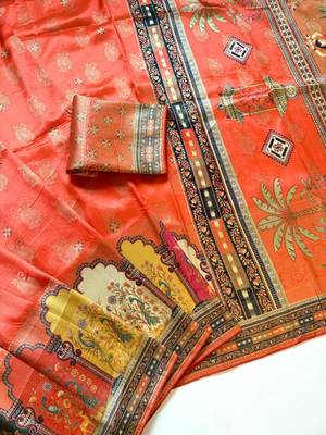 Orange Color Jaqurad Weaving With Print Work Dola Silk Saree 2