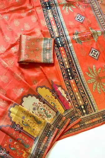 Orange Color Jaqurad Weaving With Print Work Dola Silk Saree