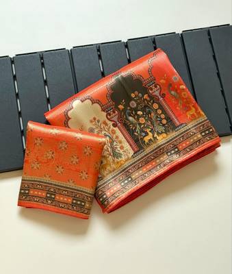 Orange Color Jaqurad Weaving With Print Work Dola Silk Saree 3