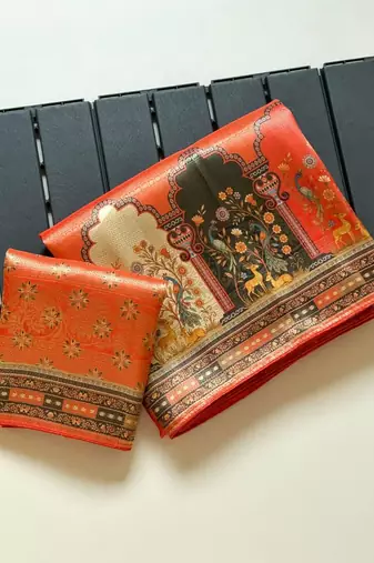 Orange Color Jaqurad Weaving With Print Work Dola Silk Saree