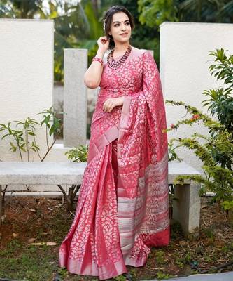 Elegance pink woven pure silk blend multicolor saree with unstitched blouse 1