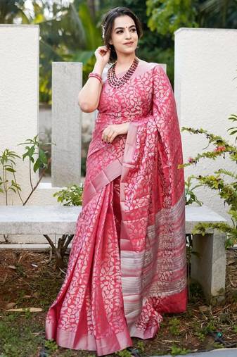 Elegance pink woven pure silk blend multicolor saree with unstitched blouse