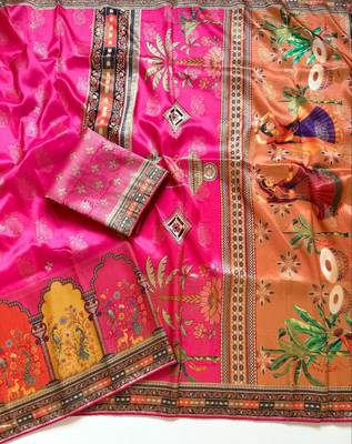 Rani Pink Color Jaqurad Weaving With Print Work Dola Silk Saree 2