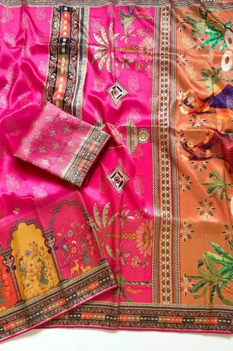 Rani Pink Color Jaqurad Weaving With Print Work Dola Silk Saree