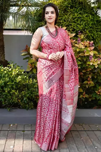 Elegance pink woven pure silk blend multicolor saree with unstitched blouse