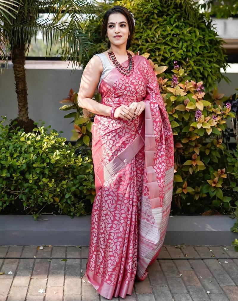 Elegance pink woven pure silk blend multicolor saree with unstitched blouse