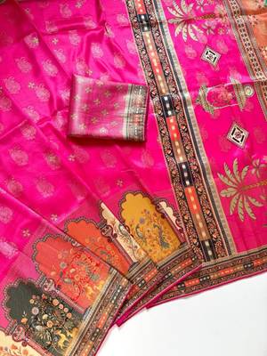 Rani Pink Color Jaqurad Weaving With Print Work Dola Silk Saree 3