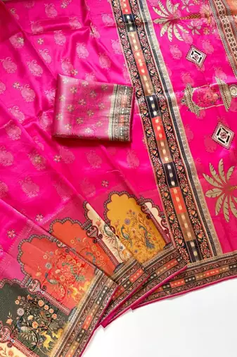 Rani Pink Color Jaqurad Weaving With Print Work Dola Silk Saree