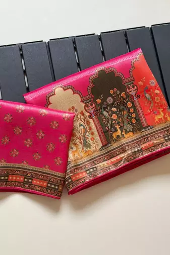 Rani Pink Color Jaqurad Weaving With Print Work Dola Silk Saree