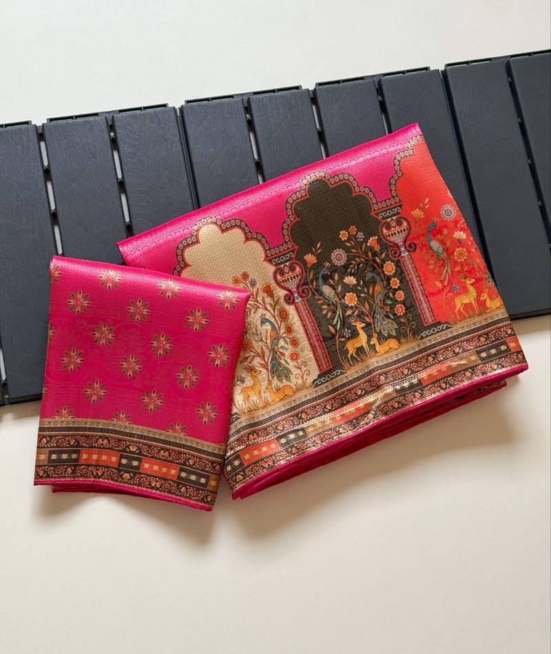 Rani Pink Color Jaqurad Weaving With Print Work Dola Silk Saree