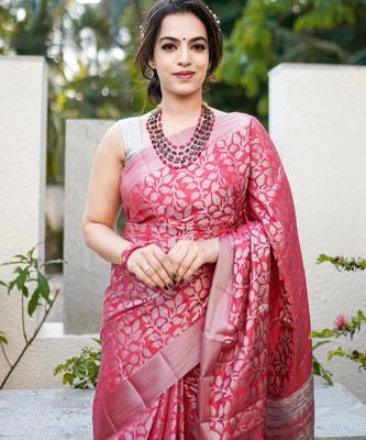 Elegance pink woven pure silk blend multicolor saree with unstitched blouse 3