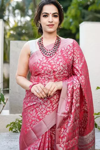 Elegance pink woven pure silk blend multicolor saree with unstitched blouse