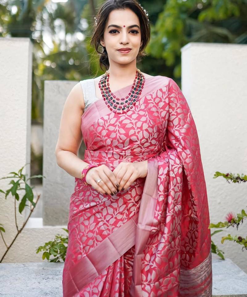 Elegance pink woven pure silk blend multicolor saree with unstitched blouse