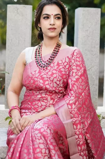 Elegance pink woven pure silk blend multicolor saree with unstitched blouse