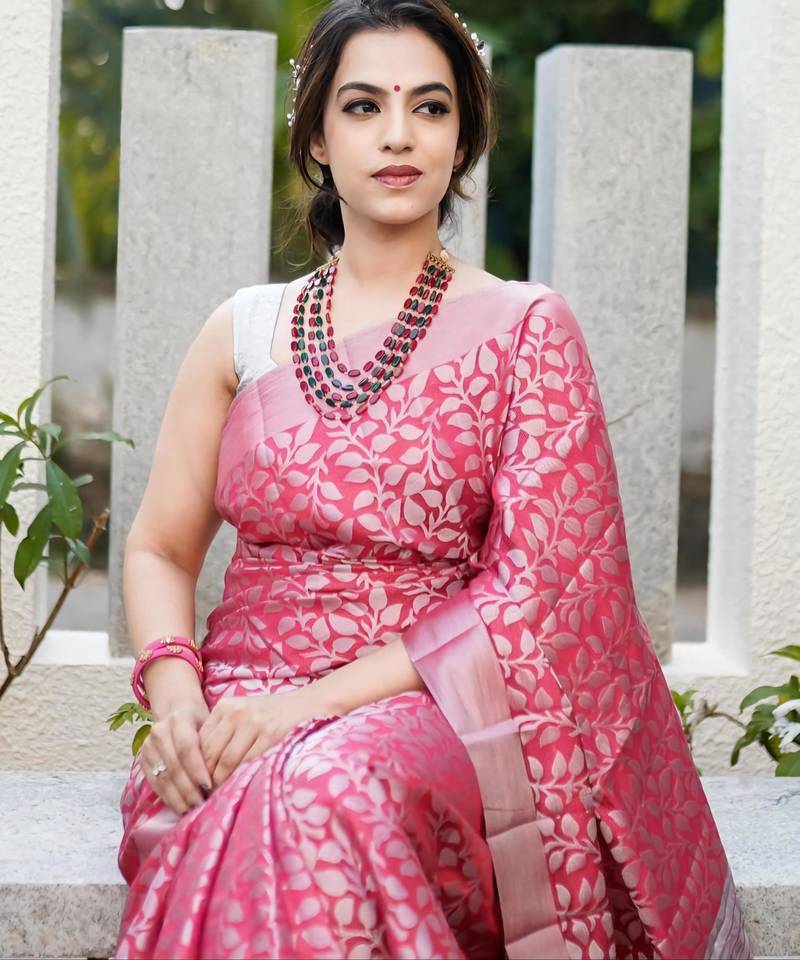 Elegance pink woven pure silk blend multicolor saree with unstitched blouse