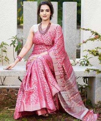 Elegance pink woven pure silk blend multicolor saree with unstitched blouse 5
