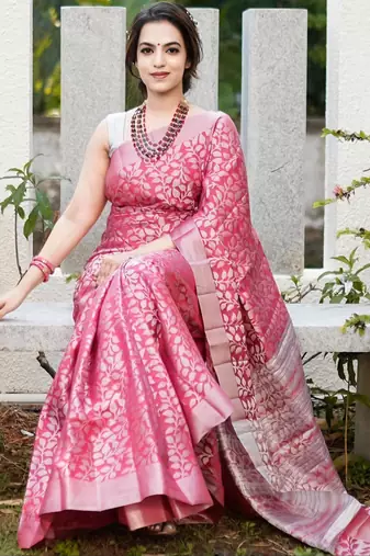 Elegance pink woven pure silk blend multicolor saree with unstitched blouse