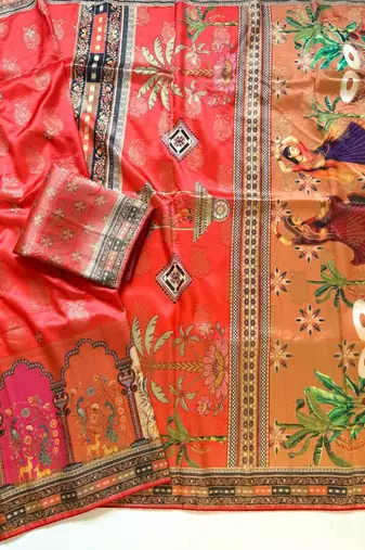 Red Color Jaqurad Weaving With Print Work Dola Silk Saree