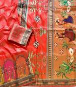 Red Color Jaqurad Weaving With Print Work Dola Silk Saree