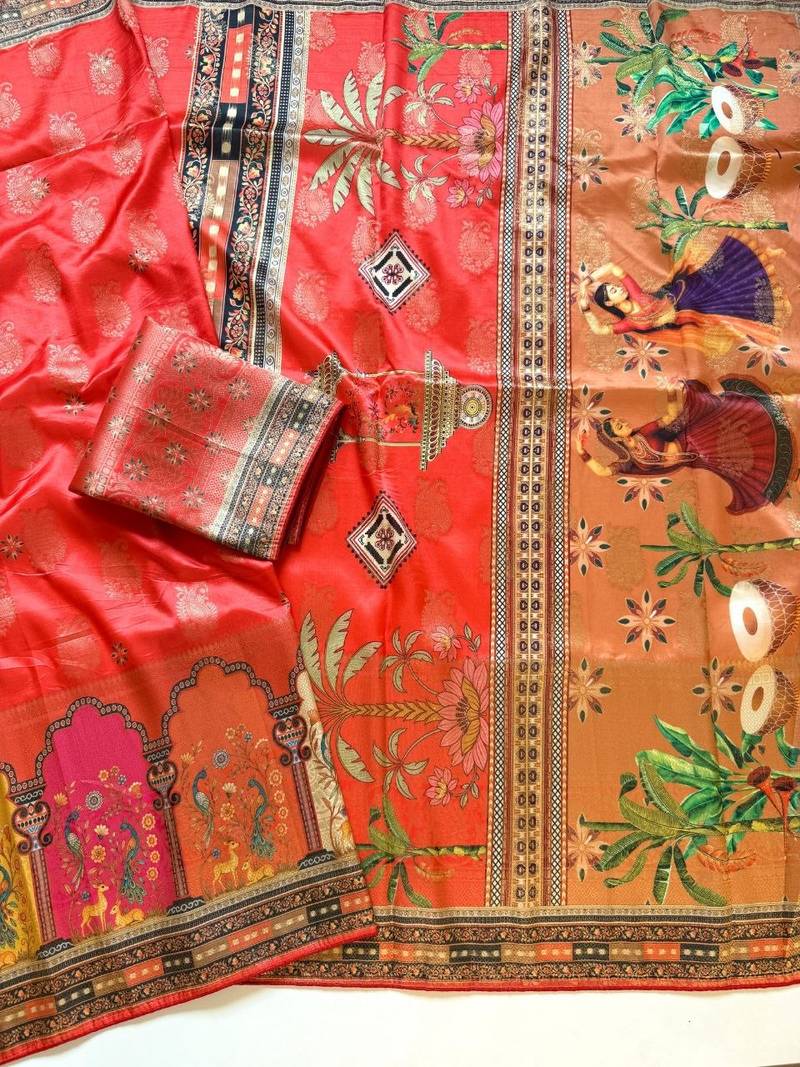 Red Color Jaqurad Weaving With Print Work Dola Silk Saree
