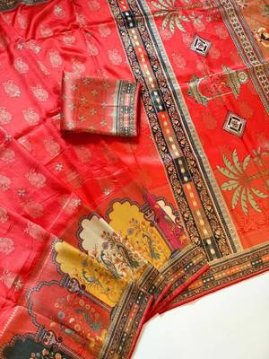 Red Color Jaqurad Weaving With Print Work Dola Silk Saree 2