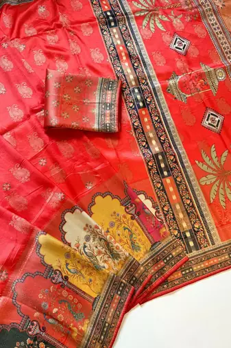Red Color Jaqurad Weaving With Print Work Dola Silk Saree