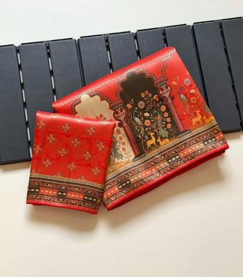 Red Color Jaqurad Weaving With Print Work Dola Silk Saree 3