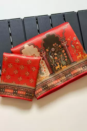 Red Color Jaqurad Weaving With Print Work Dola Silk Saree