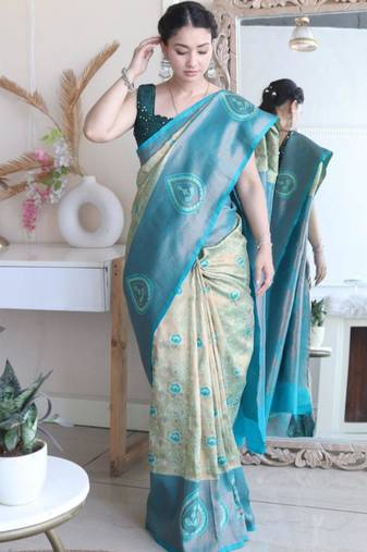 Floral rama green woven pure silk blend multicolor saree with unstitched blouse