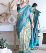 Floral rama green woven pure silk blend multicolor saree with unstitched blouse