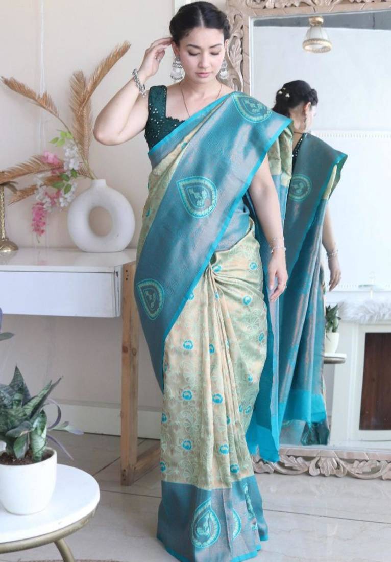 Floral rama green woven pure silk blend multicolor saree with unstitched blouse