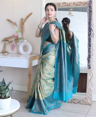 Floral rama green woven pure silk blend multicolor saree with unstitched blouse 2
