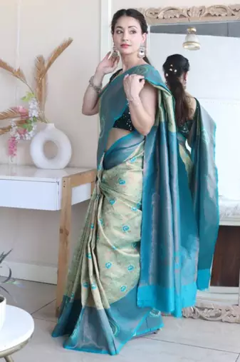 Floral rama green woven pure silk blend multicolor saree with unstitched blouse