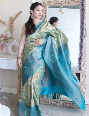 Floral rama green woven pure silk blend multicolor saree with unstitched blouse 3