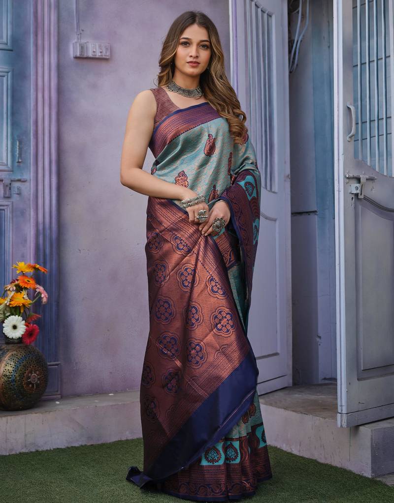 Soft sky blue banarasi art silk jacquard saree with unstitched blouse