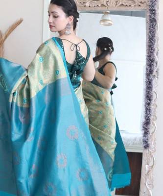 Floral rama green woven pure silk blend multicolor saree with unstitched blouse 4