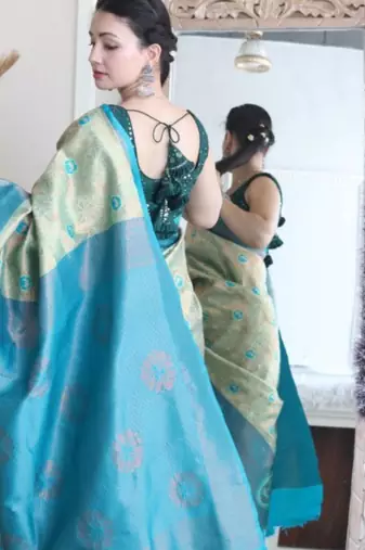 Floral rama green woven pure silk blend multicolor saree with unstitched blouse
