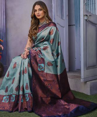 Soft sky blue banarasi art silk jacquard saree with unstitched blouse 2