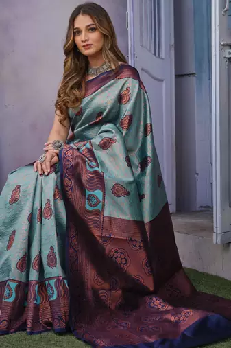 Soft sky blue banarasi art silk jacquard saree with unstitched blouse