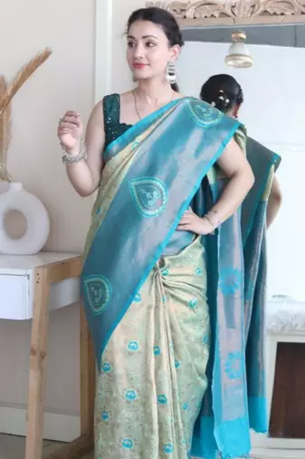 Floral rama green woven pure silk blend multicolor saree with unstitched blouse