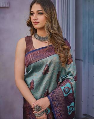 Soft sky blue banarasi art silk jacquard saree with unstitched blouse 3