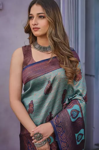 Soft sky blue banarasi art silk jacquard saree with unstitched blouse