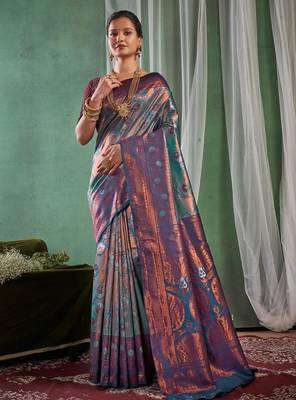 Fashionable rama green woven silk cotton saree with unstitched blouse 1